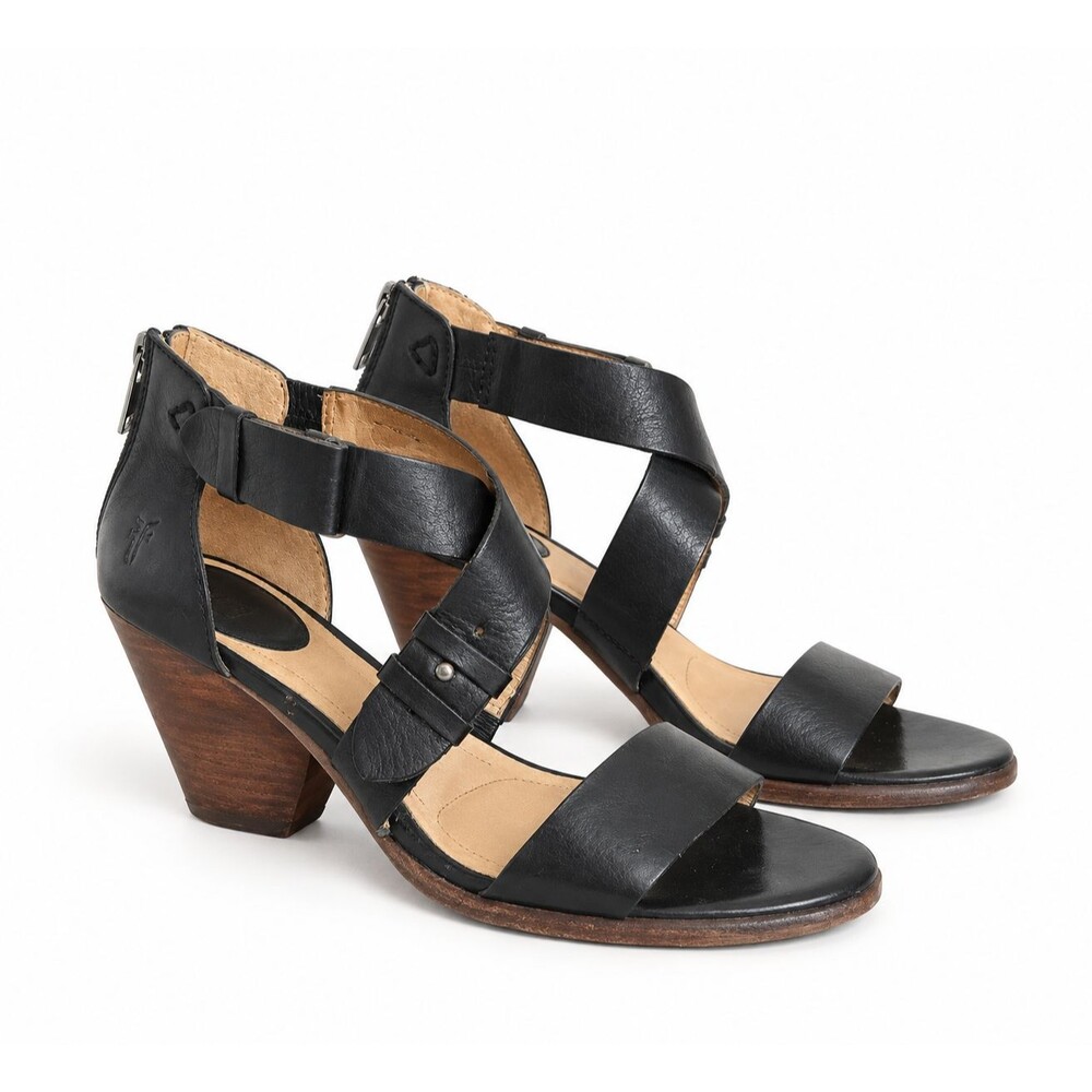 Frye Black Leather Heeled Sandals Women 9 Strappy Block Heel Western Boho